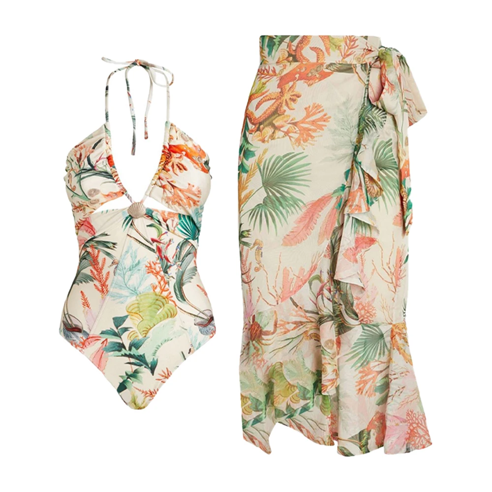

V-Neck Floral Print One-Piece Swimsuit with Skirt Lace-up Women Bathing Suit Summer Beachwear Cover Up Vacation Beach Swimwear