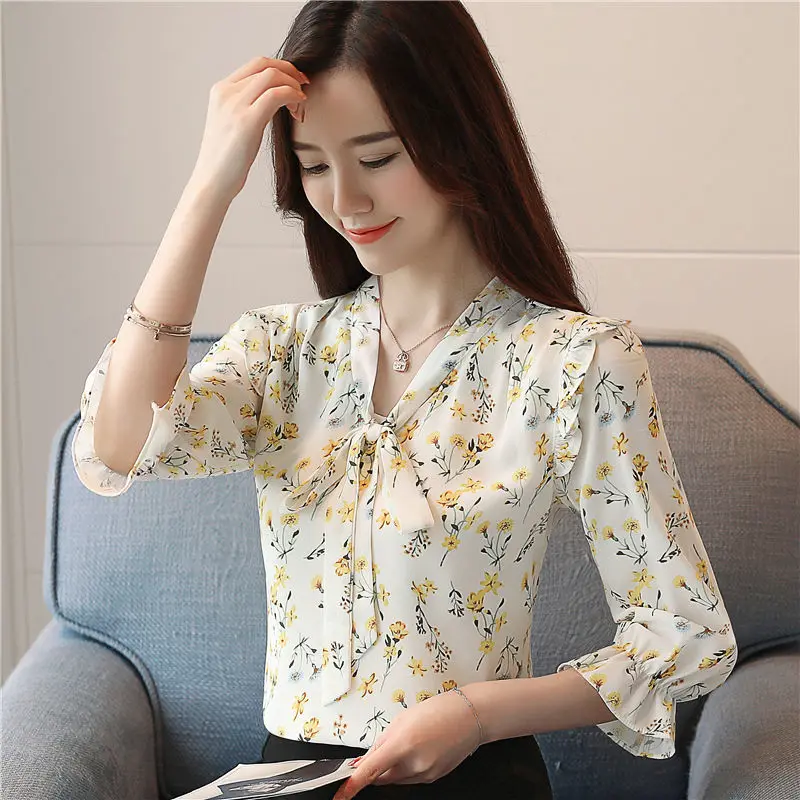 Elegant V-Neck Lace Up Bow Ruffles Chiffon Blouses Women's Clothing 2024 Summer New Loose Korean Tops Butterfly Sleeve Shirts