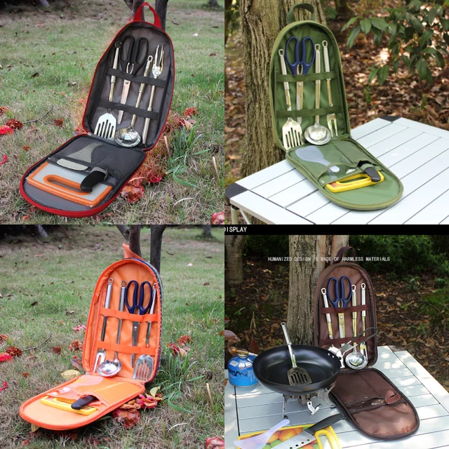 7pcs Camping Kitchen Utensil Set with Carrying Bag BBQ Beach Hiking Travel Organizer Storage Pack Cook Gadgets Equipment Gear 6