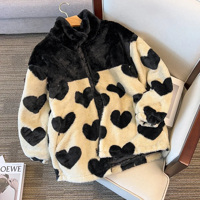 Cárdigans de retales con estampado de corazón de terciopelo grueso de algodón suelto coreano para mujer, chaqueta de felpa con cremallera elegante de gran tamaño, Y2k, invierno, nuevo
