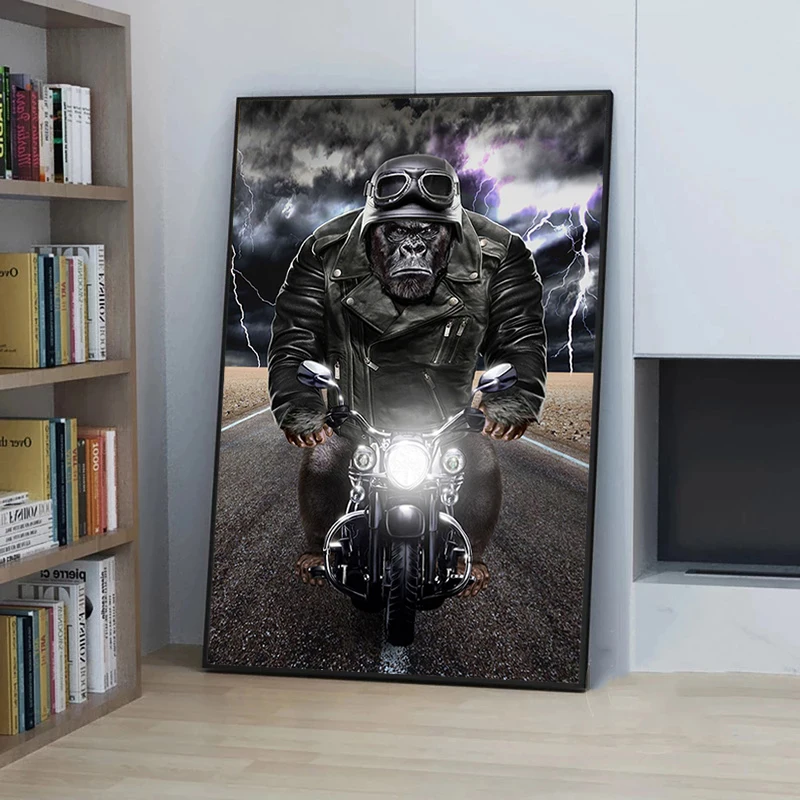 

Orangutan Driving Motorcycle Funny Canvas Painting Animal Posters and Prints Wall Art Picture for Living Room Home Decoration