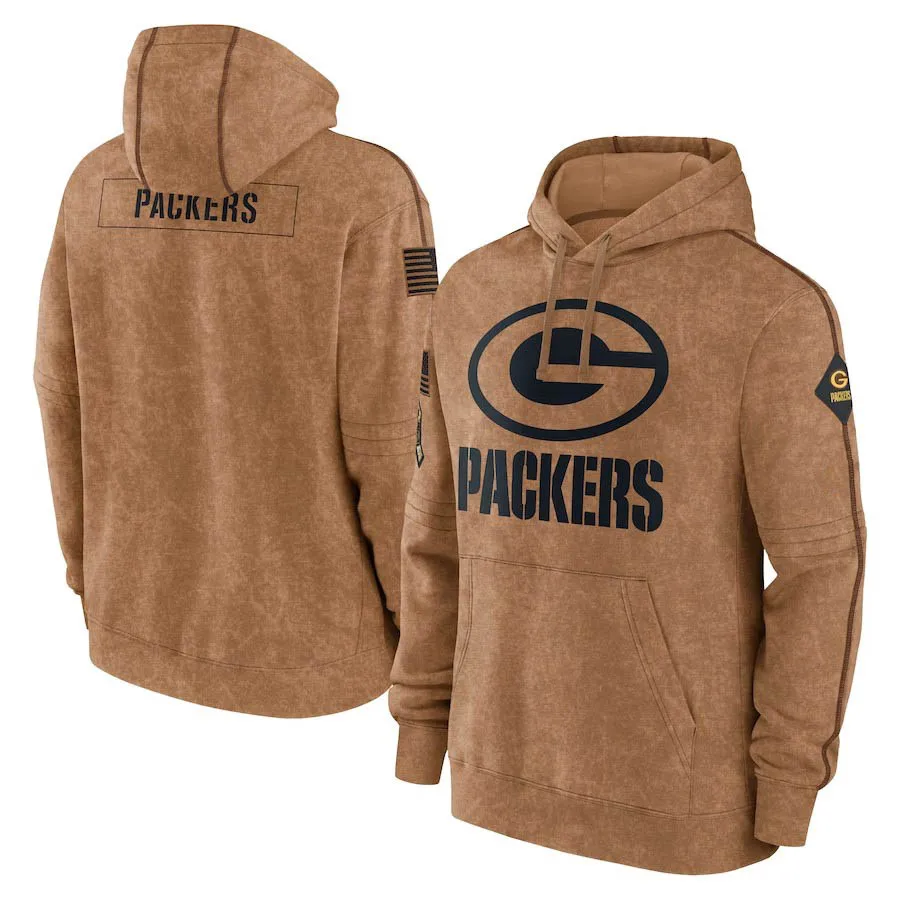 Дълга тениска Packers Men Women Youth Brown 2023 Salute To Service Club Pullover Hoodie