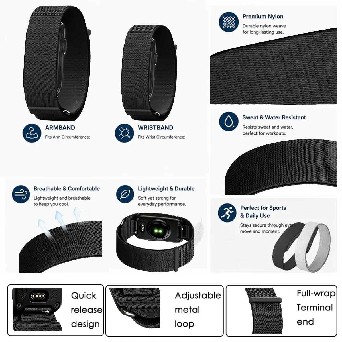 Nylon Woven Adjustable Loop Strap for Sports Fitness Tracker - Replacement Wristband for Men and Women