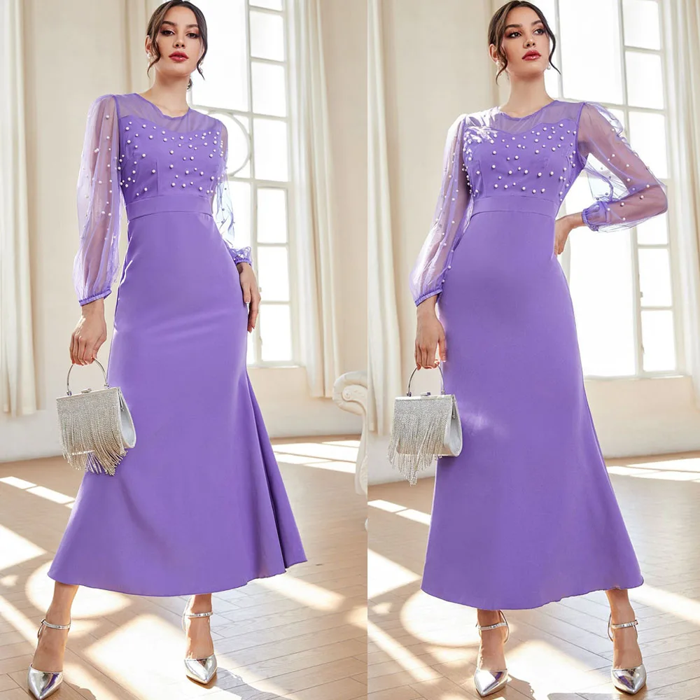 

Women Spring Autumn Long Dress O-Neck Long Sleeve Pearl Sexy Night Club Party Solid Color Maxi Bodycon Dresse Party Evening Gown