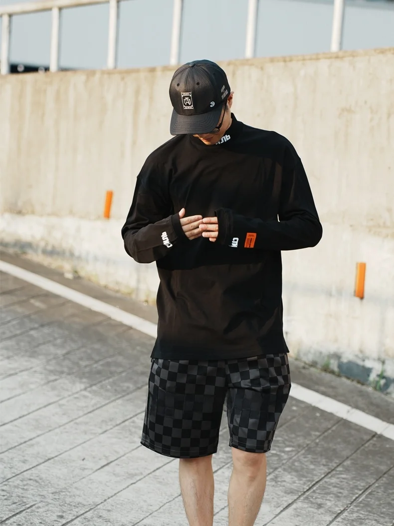 Heropn Preston Long Sve T-irt ex CTNNB Embroidery Bla Base irt f High Collar Trendy Cotton Youth Faion