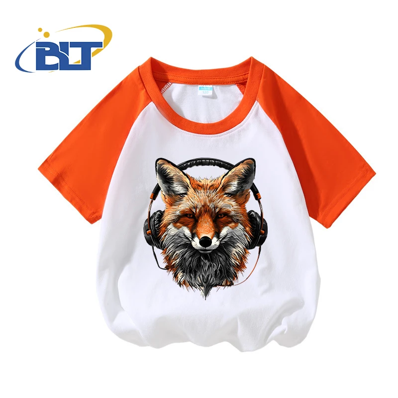 

Fox wearing headphones printed kids T-shirt summer pure cotton contrasting color short-sleeved casual tops for boys and girls