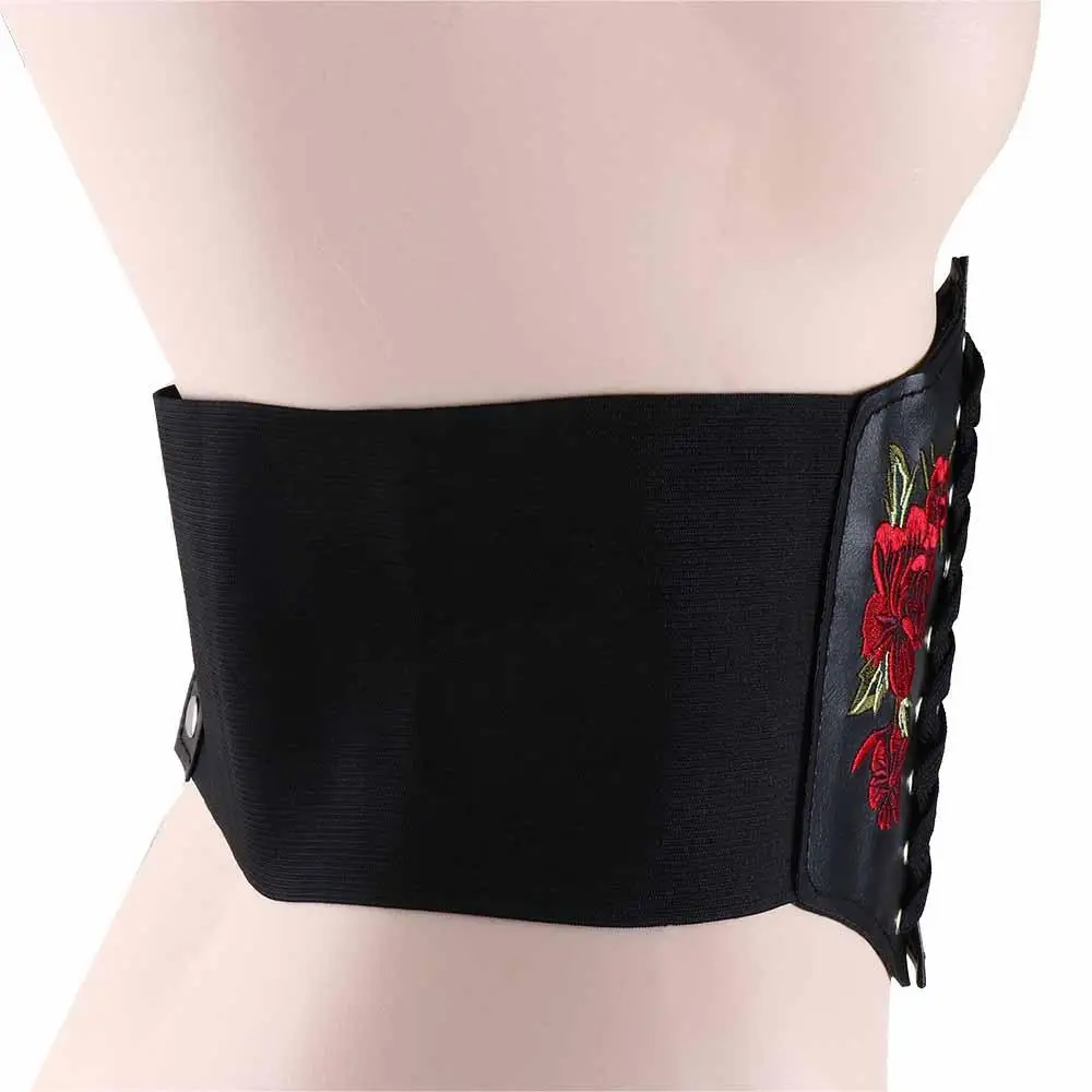 Goth Punk Slimming Embroidery PU Leather Rose Pattern Women Belt Female Dress Cummerbunds Waistband Waist Corset