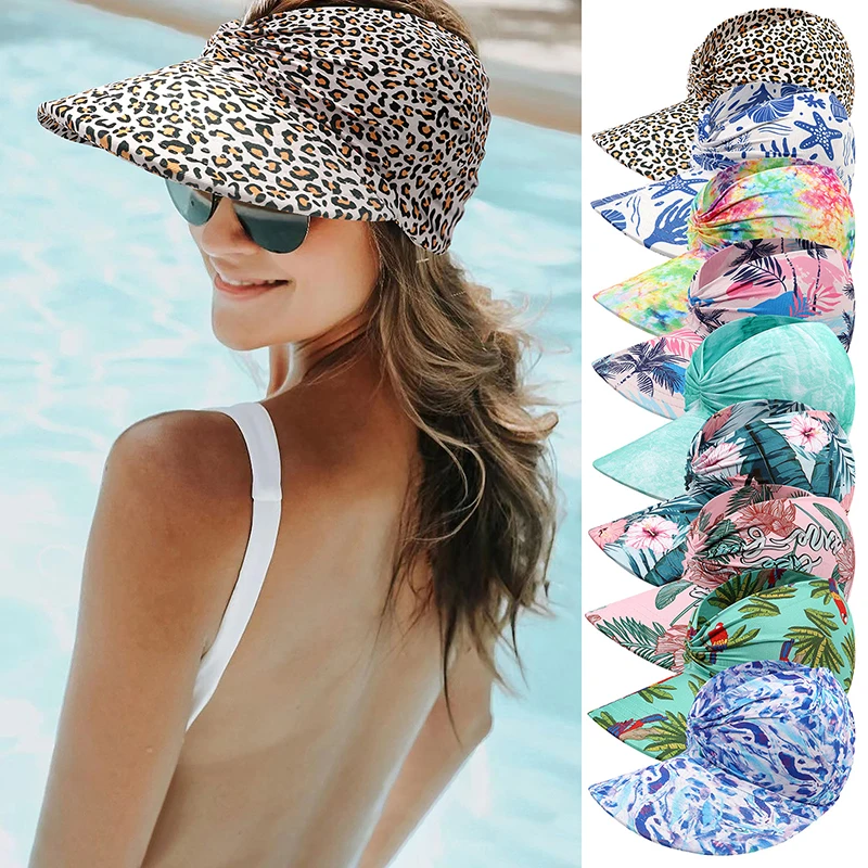 

New Women's Printed Wide Brim Visor Hats Summer Empty Top Anti-UV Travel Beach Cap Fashion Outdoor Sun Protection Cap