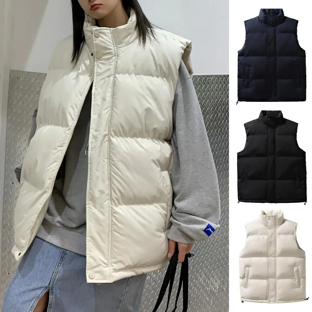 

Unisex Winter Waistcoat Thick Padded Windproof Sleeveless Stand Collar Neck Protection Pockets Zip Up Loose Women Men Coat 2023
