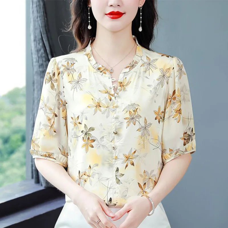 

2024 New Summer Elegant Fashion Bohemian Loose Casual Women's Shirt Chiffon Button Print V Neck Short Sleeve Chic Sweat Y2K Tops