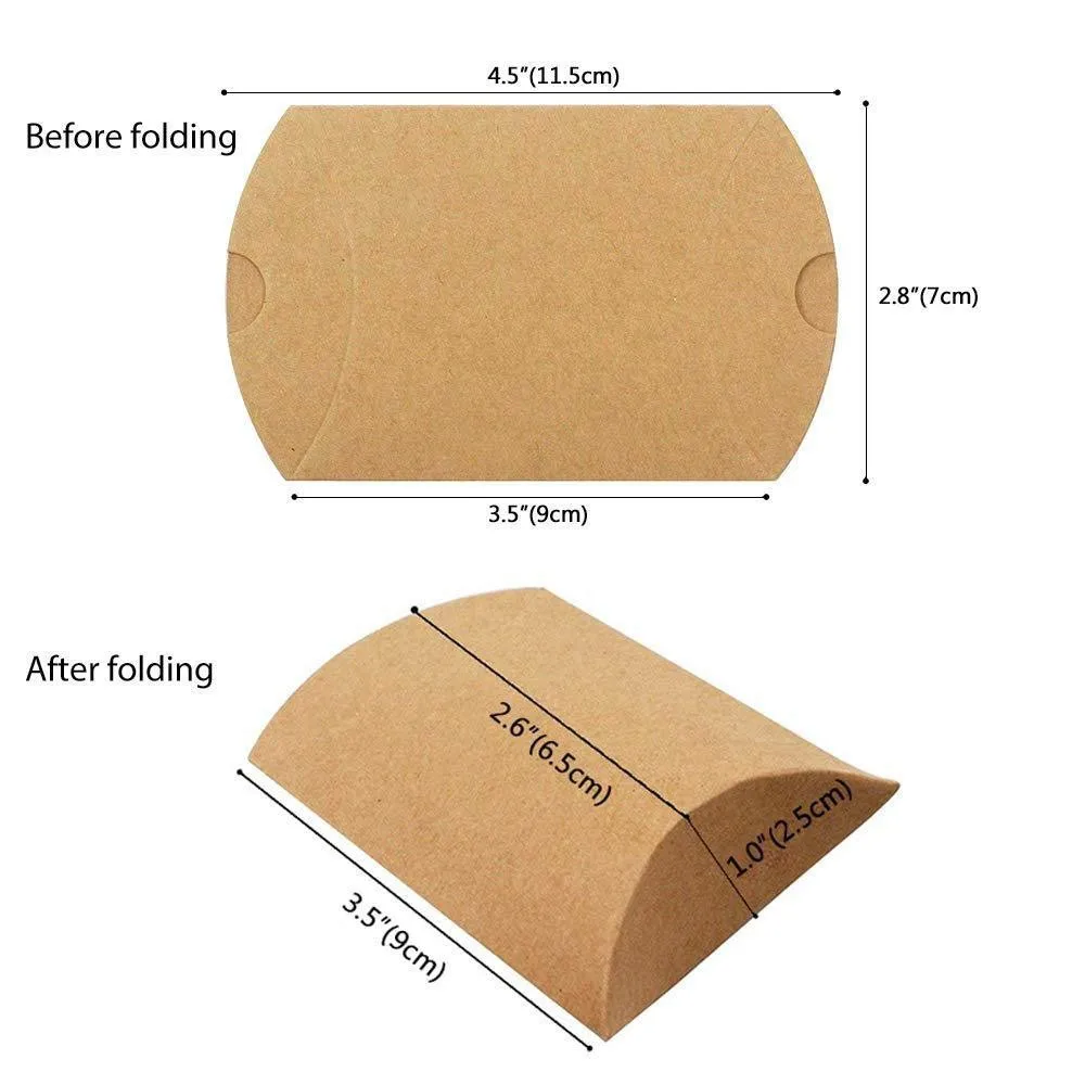 50PCS Scatole regalo, scatole per cuscini, 14,5 x 7,5 cm, in carta kraft, confezione regalo, piccolo con adesivo di ringraziamento, filo di iuta per inviti fai da te, regalo per feste