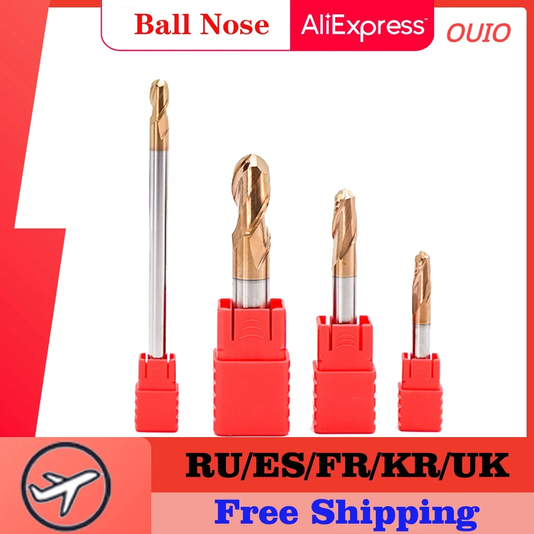 

OUIO HRC55 End Mill Special for Steel Ball Nose Milling Cutter Tools Carbide 2 Flutes Spherical CNC End Mills Spiral Milling