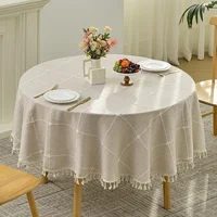Round Tassel Plaid Tablecloths Heavy Weight Cotton Linen Fabric Dust-Proof Table Cover Kitchen Dining Party Tabletop Decorations 1