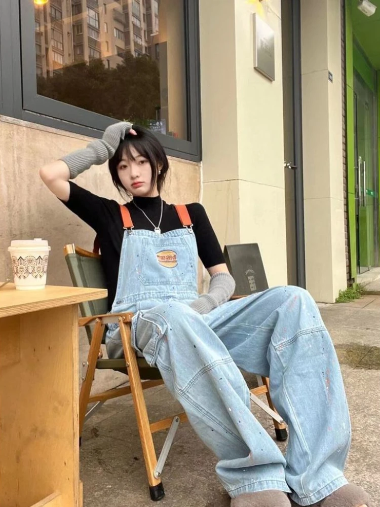 Spring Autumn New Washed Jean Jumpsuit Women Korean Loose Embroidery Splashed Ink Straight Denim Overalls Woman New