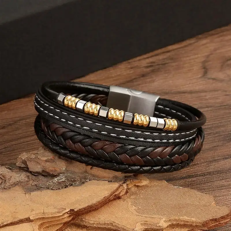 Jiayiqi Stainless Steel Bangle High Quality Leather Bracelet Men Fashion New Design Male Braid Hand Jewelry