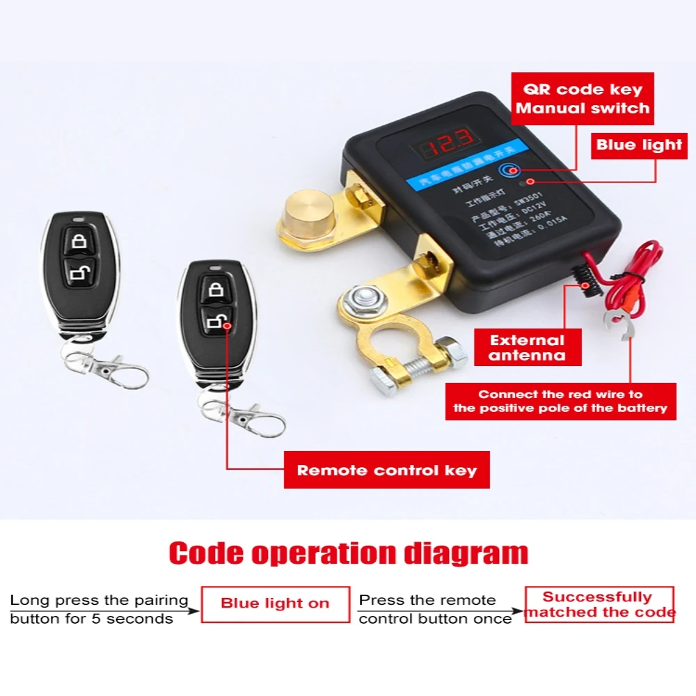 DC 12V Remote Battery Disconnect Switch 260A Kill Switch Automatic Power Off Prevent Battery Drain For Car Truck SUV battery switch