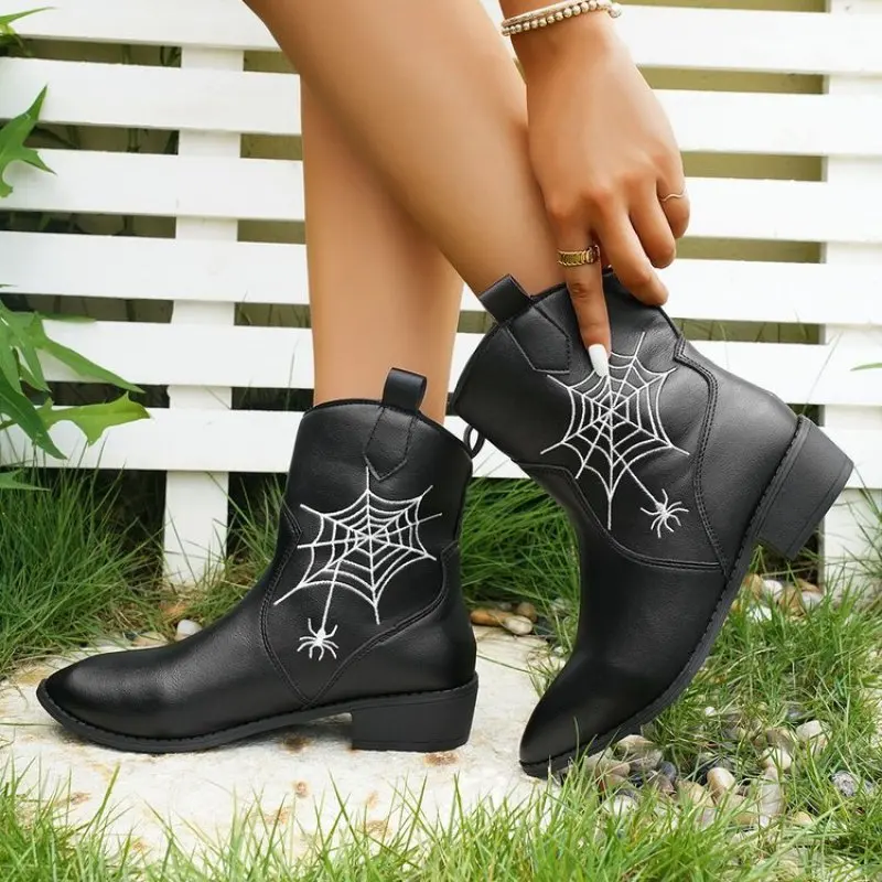 Brand New Embroider 2024 Autumn Winter Western Mid Calf Boots Women Chunky Heels Vintage Cowgirl Cowboy Boots Retro Shoes Woman