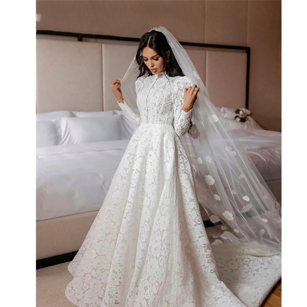 Modest Muslim Dubai Arabic Lace Wedding Dresses For Women A Line Long ...