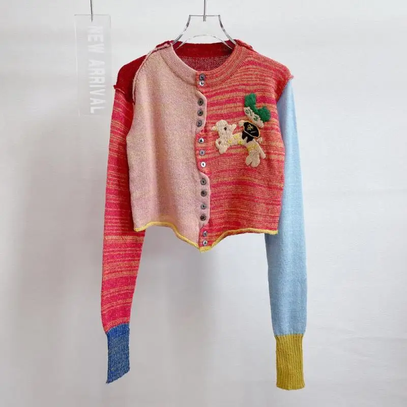 

Vintage Cortrasting Color Handmade Embroidery Elk Slim Cardigan Wool O-Neck Knitwear 2023 Women Autumn Winter Fun Sweet Sweaters