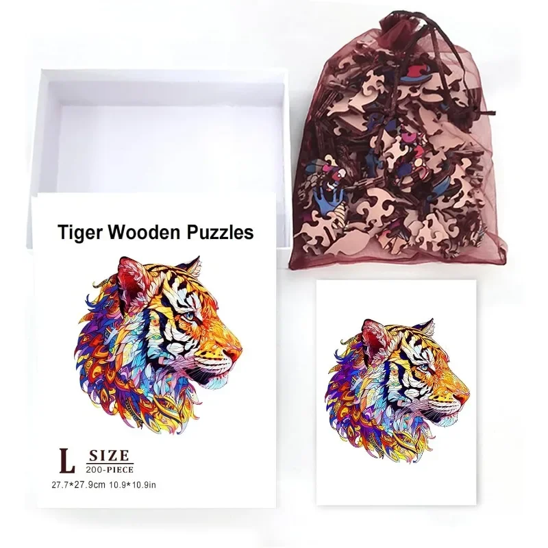 200Pcs Tiger Wooden Jigsaw Puzzles for Adults 28x28cm Wood Adult Puzzles Unique Shaped Wooden Colorful Jigsaw