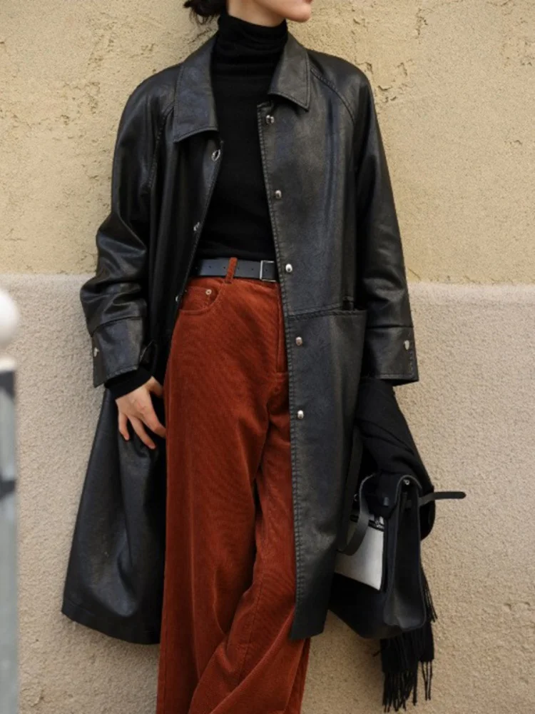 Genuine Leather Jacket Vegetable Tanned Sheepskin Retro Long Casual Windbreaker Coat Simple Design Autumn Winter