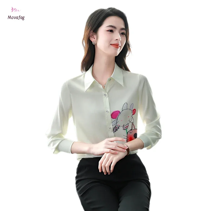 

Satin Long Sleeve Women's Shirt 2024 Summer New Arrival Printed Blouse South Korea Fashion Casual Elegant Lapel Tops