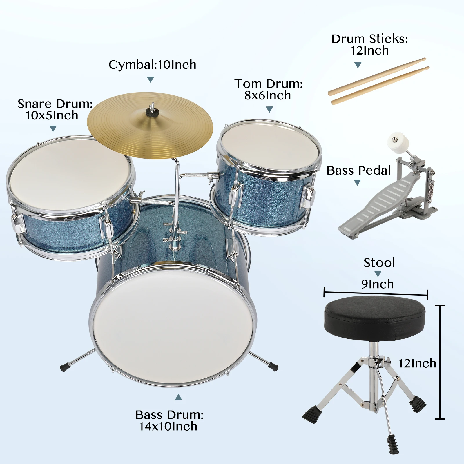 14"x10" 3-Pieces Junior Kids Drum Set Kit Pedal Drum Stick Wrench Stool