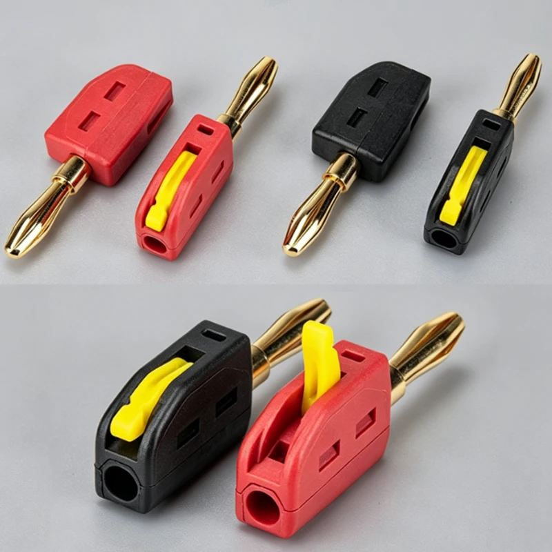 Prise banane 4mm à connexion rapide montrée de profil, avec levier en position fermée.