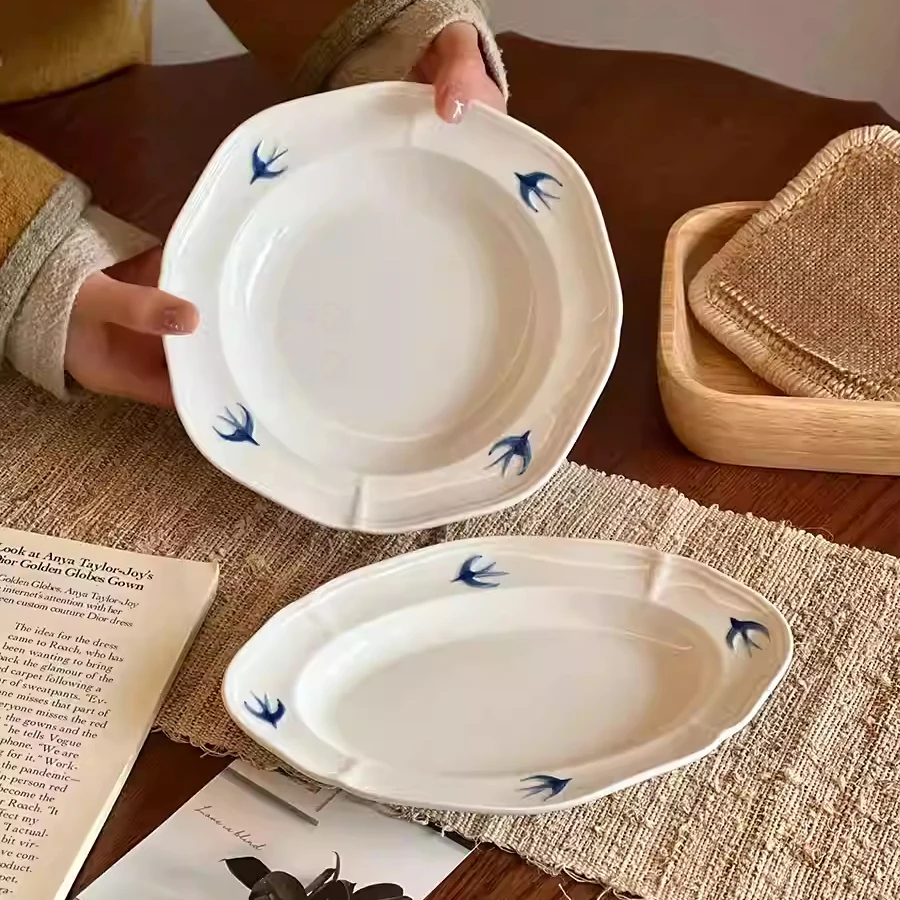 Swallow Oval Plates High-end Household Ceramic Serving Plate Ins White Breakfast Tray Retro Afternoon Tea Dessert Tableware