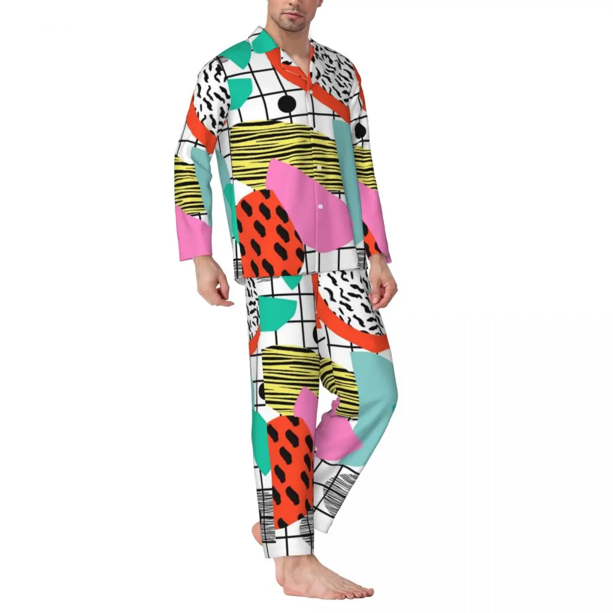 

Memphis Pop Art Sleepwear Autumn 80s Style Retro Plaid Retro Oversized Pajama Sets Men Long Sleeve Fashion Leisure Nightwear