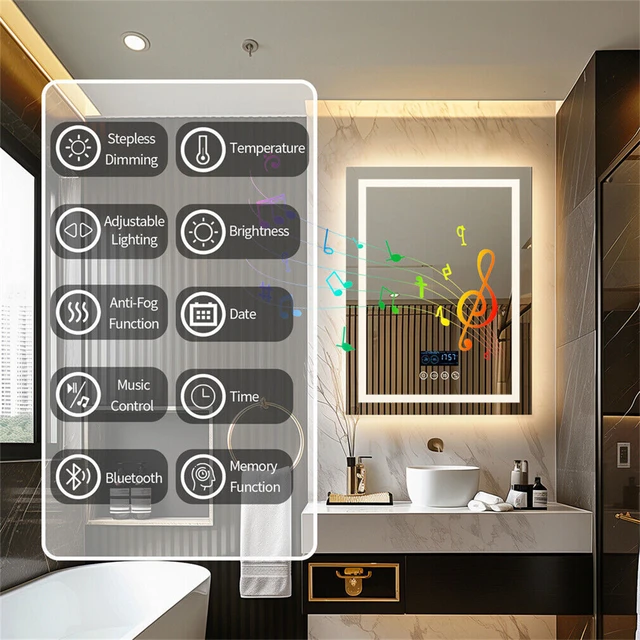 Smart LED Bathroom Mirror Rectangle Wall Mount Mirror w Bluetooth Speaker,Time,Temperature,Light Memory,Front & Backlit,Anti-Fog 4