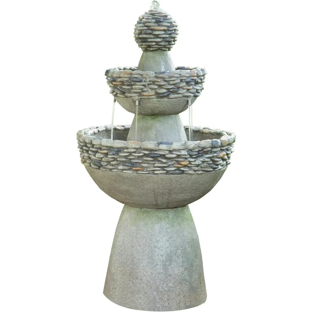 

36.5-inch Outdoor 3-story Zen-style Pedestal Fountain. Stone Trim with Pump and 2.64 Gallon Capacity, Stone Gray