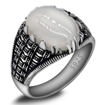 S925 pure silver natural white agate stone ring T ü rkiye men's ring handmade retro jewelry women's jewelry anniversary gift