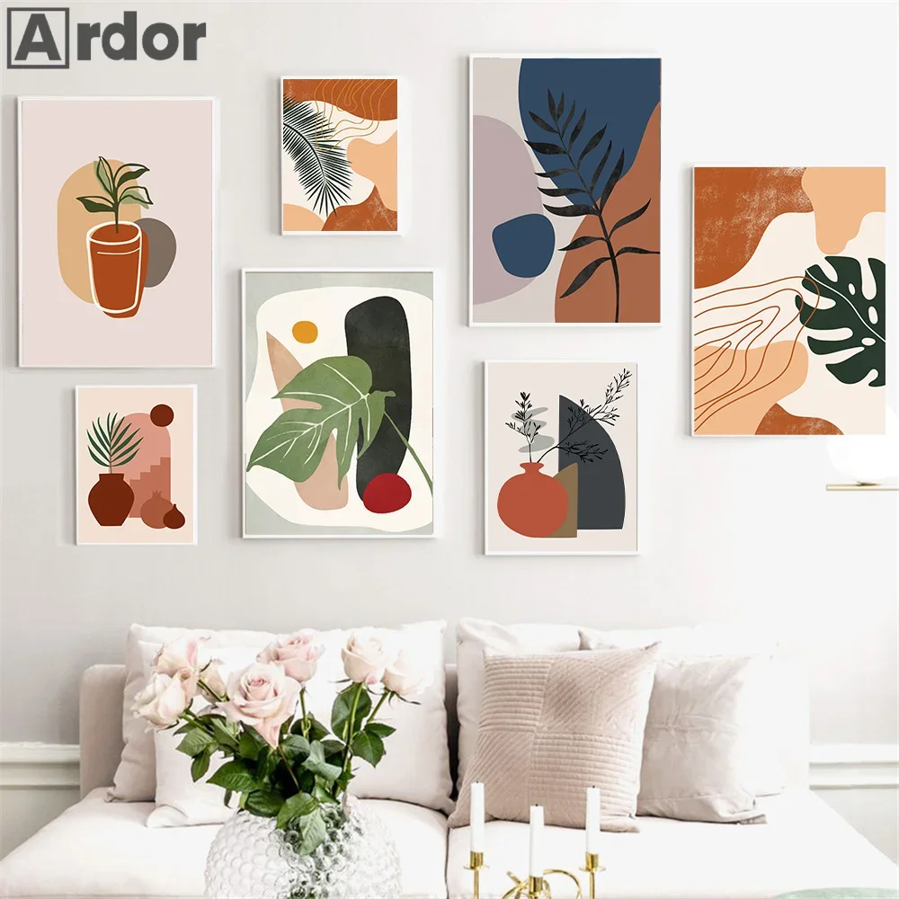 

Boho Terracotta Art Prints Abstract Botanical Posters Canvas Painting Burnt Orange Poster Wall Pictures Living Room Home Decor