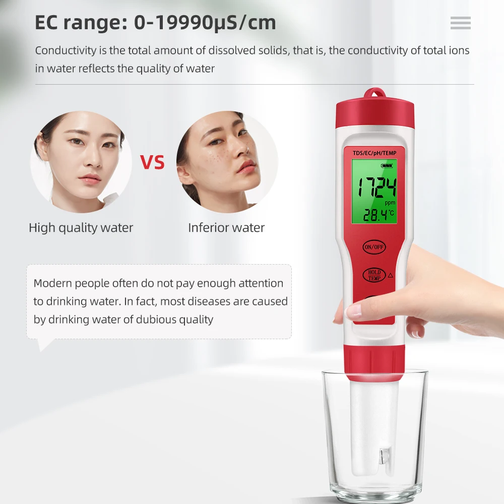 PH Meter Waterproof PH/TDS/EC/Temp Meter Digital Water Quality Monitor Tester with Backlight for Pools Drinking Water Aquariums