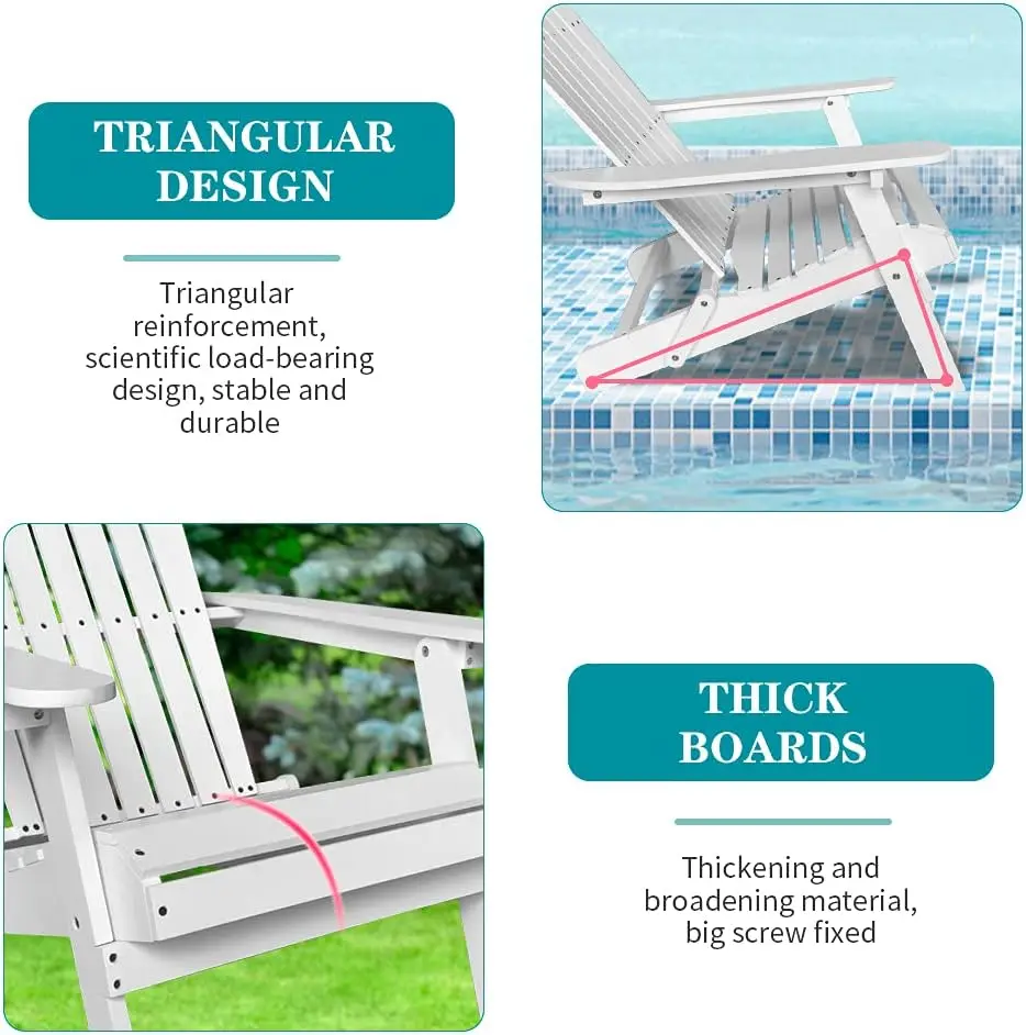 Adirondack Chair,Folding Wooden Lounger Chair，All-Weather Chair for Fire Pit/Garden/Fish with 250lbs Duty Rating，White