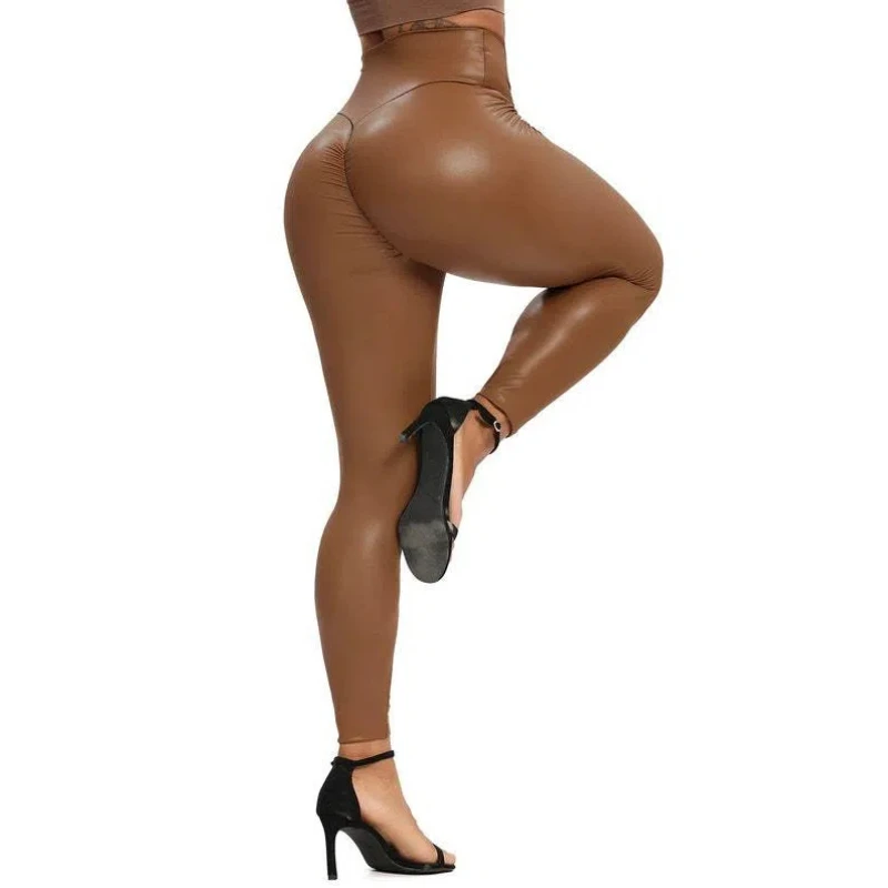 PU Leggings For Women High Waist Butt Push Up PU Stretch Skinny Tights Elastic Shaping Hip Fashion Leather Pants