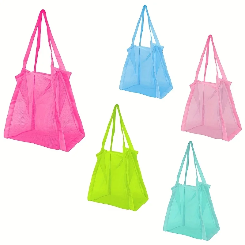 Large capacity solid color hand shopping bag,multi-functional mesh bag sundries mesh storage bag beach toy storage bag