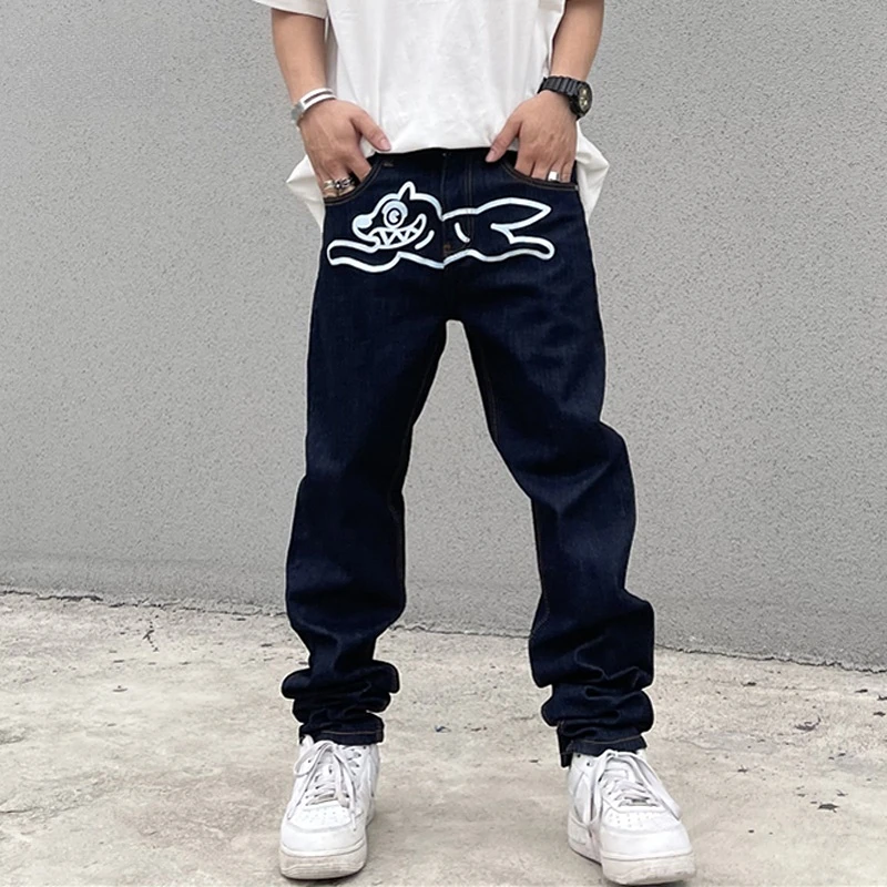 High Street Jeans Men Flying Dog Print Straight Loose Casual Denim Pant
