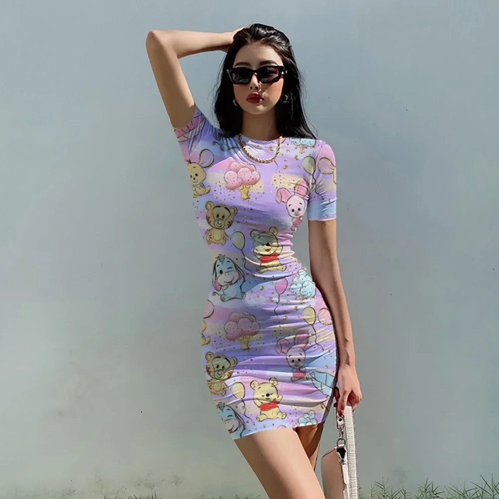 Disney Winnie the Pooh Bodycon Dresses for Women Short Sleeve Sexy Dress Summer Kawaii O Neck Robes Casual Party Club Vestido 3
