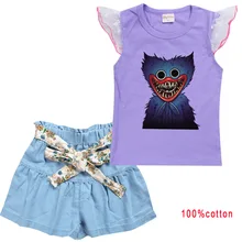 Jogo poppy playtime roupas crianças manga curta camiseta arco jeans a line shorts 2 pçs conjunto criança meninas roupas infantis