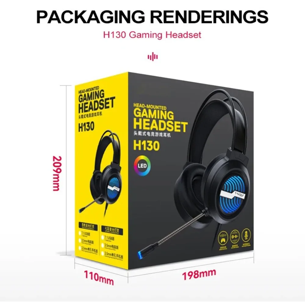 H130 USB 유선 게이밍 헤드셋(마이크 포함) RGB LED 백라이트 접이식 베이스 스테레오 헤드폰(PC 노트북 데스크탑용)