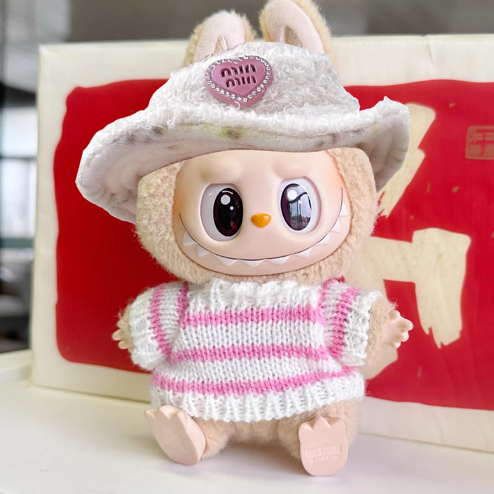 17cm Mini Plush Doll Sweater Decorative with Hat Kawaii Heart Doll Clothes DIY Cute Striped Plushies Outfit Soft for Girls Gift