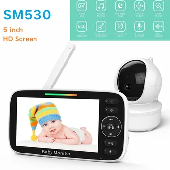 SM530 HD 베이비 모니터 IPS 분할 화면, 비디오 줌 야간 투시경 카메라 및 오디오, 자장가 원격 PTZ 포함, 4000mAh 배터리, 5 인치