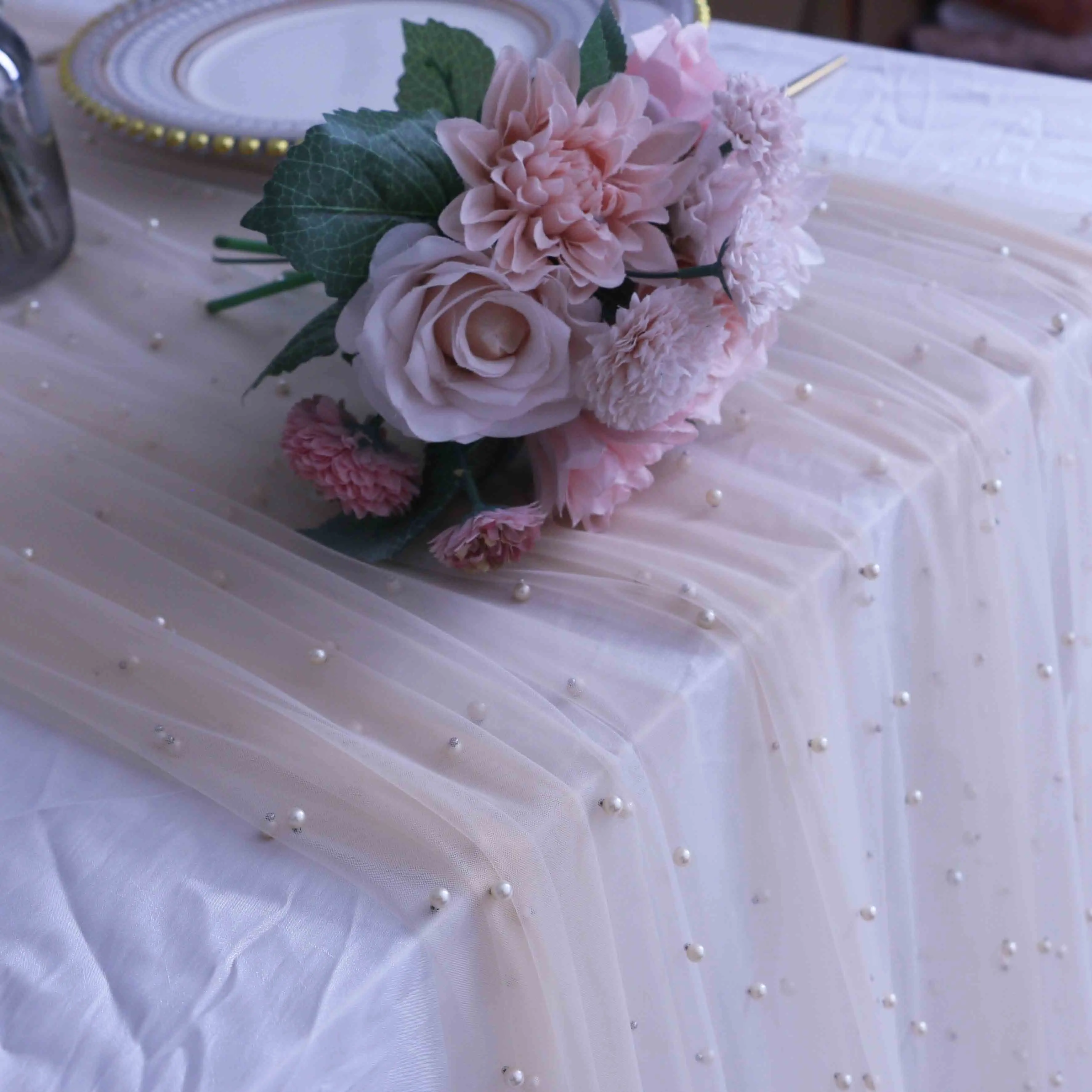 RU115D Unique Wedding 60*390cm white champagne lace table runner with pearl