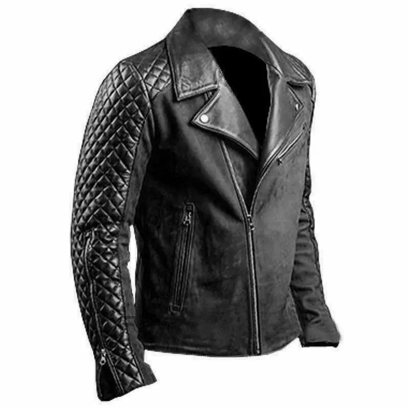 Men's Biker Cafe Racer Quilted Vintage Black Real Genuine Leather Jacket