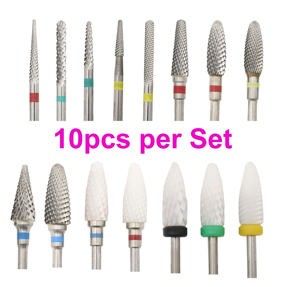 

10pc/Set Milling Cutter Carbide Ceramic Nail Drill Bits Electric Manicure Files Cuticle Remove Burr Gel Polish Tools Accessories
