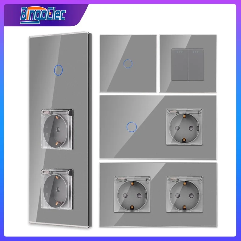 Bingoelec Tomada de Parede com Painel de Cristal Luz Cinza Toque Interruptor Impermeável Melhoria Home