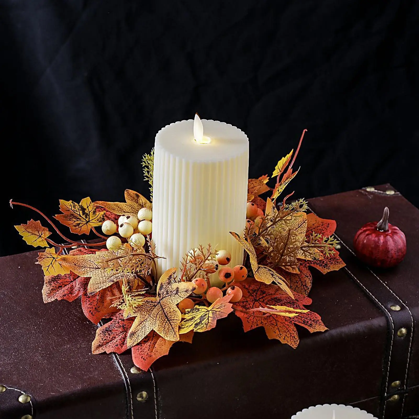 1PC Fall Candle Ring Artificial Candle Garland Decor Mini Autumn Wreath Thanksgiving Candle Ring Holder For Bar Home Party decor
