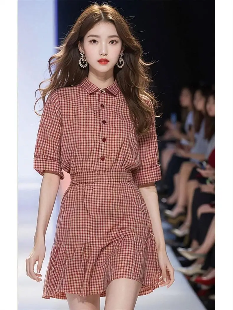 Summer 2025 Retro Red Plaid Waist-Hugging Fashion Dress